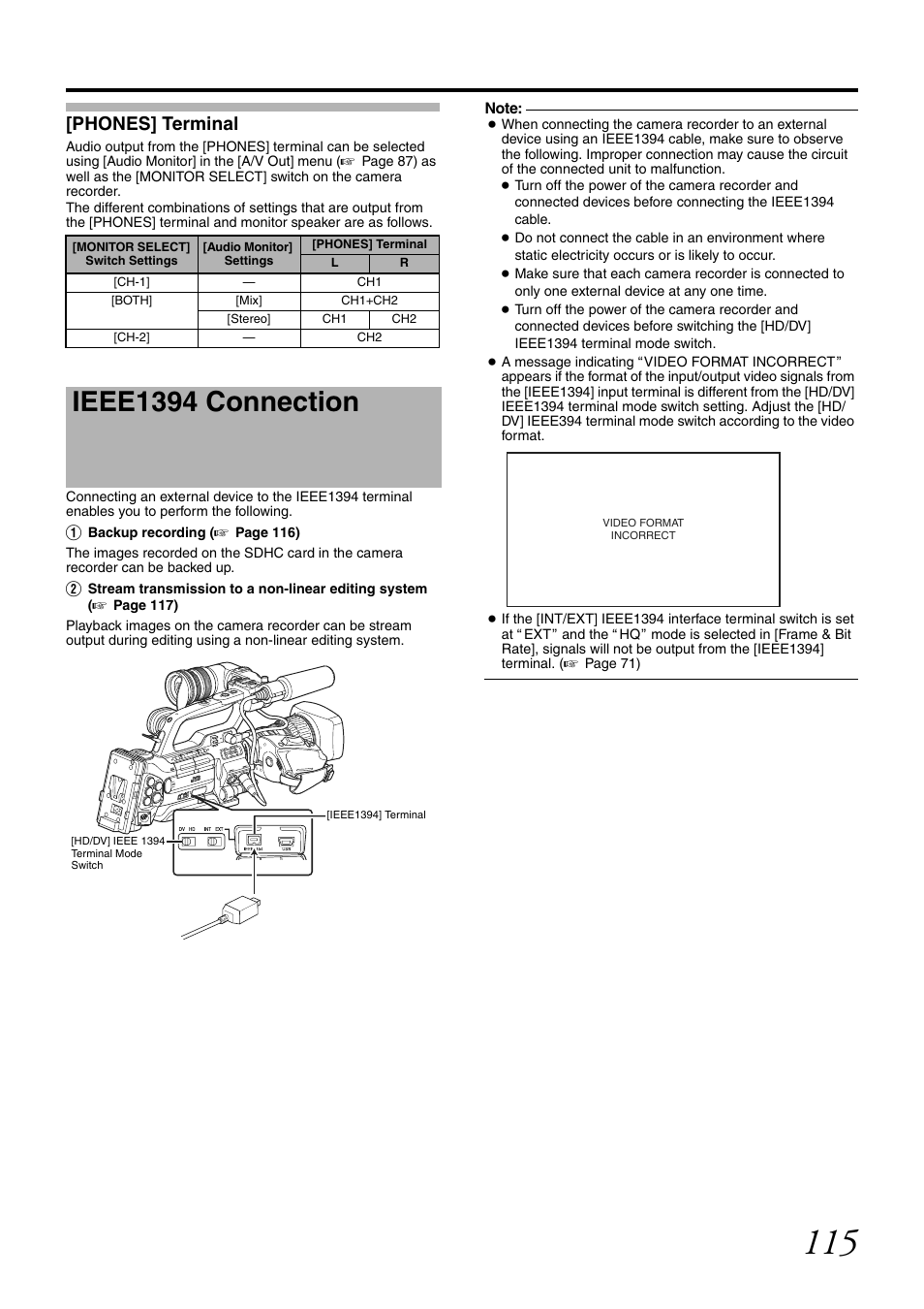 Ieee1394 connection, Phones] terminal | JVC GY-HM700CHE User Manual | Page 119 / 132