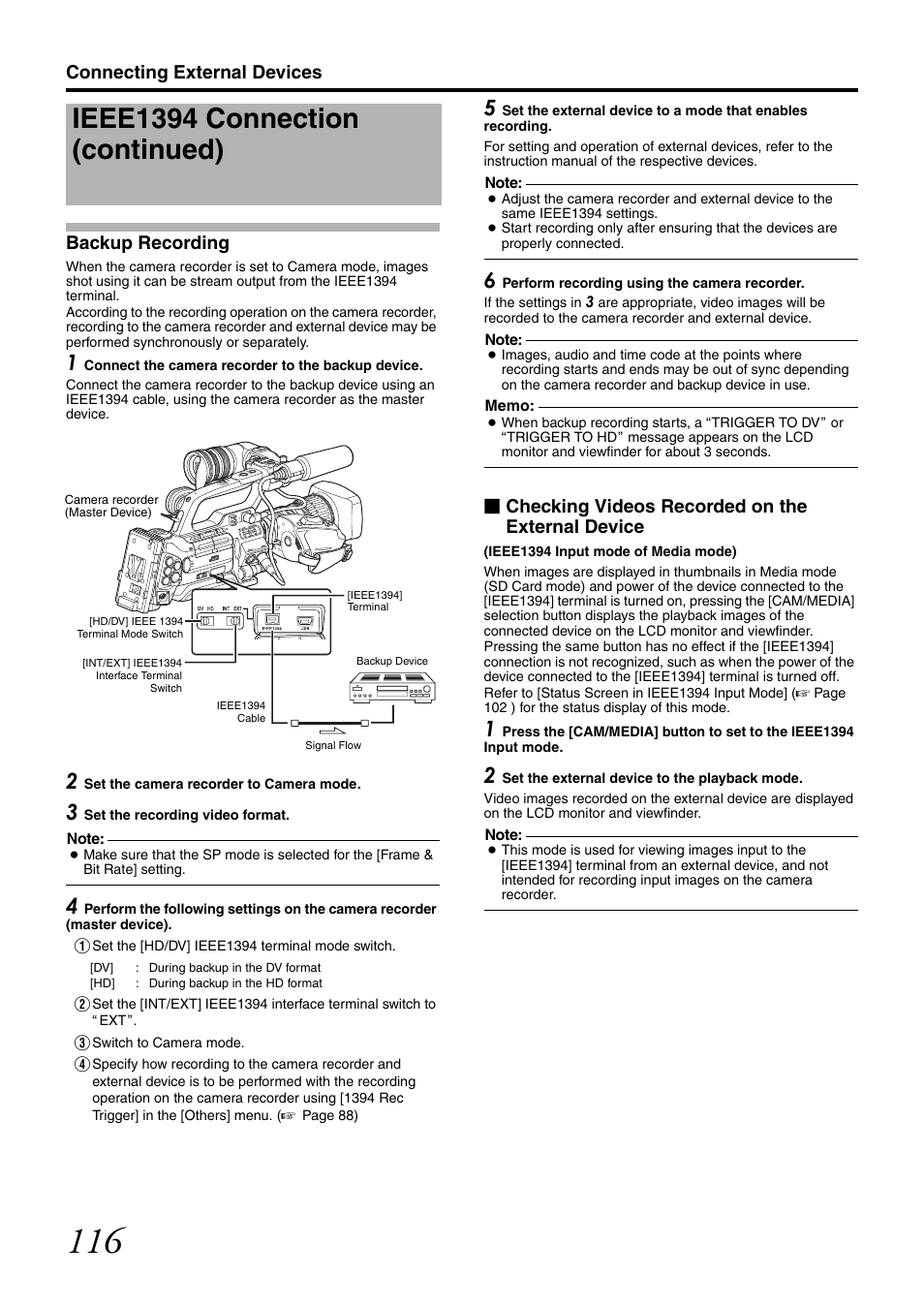 Backup recording, Ieee1394 connection (continued), Connecting external devices backup recording | Checking videos recorded on the external device | JVC GY-HM700CHE User Manual | Page 120 / 132