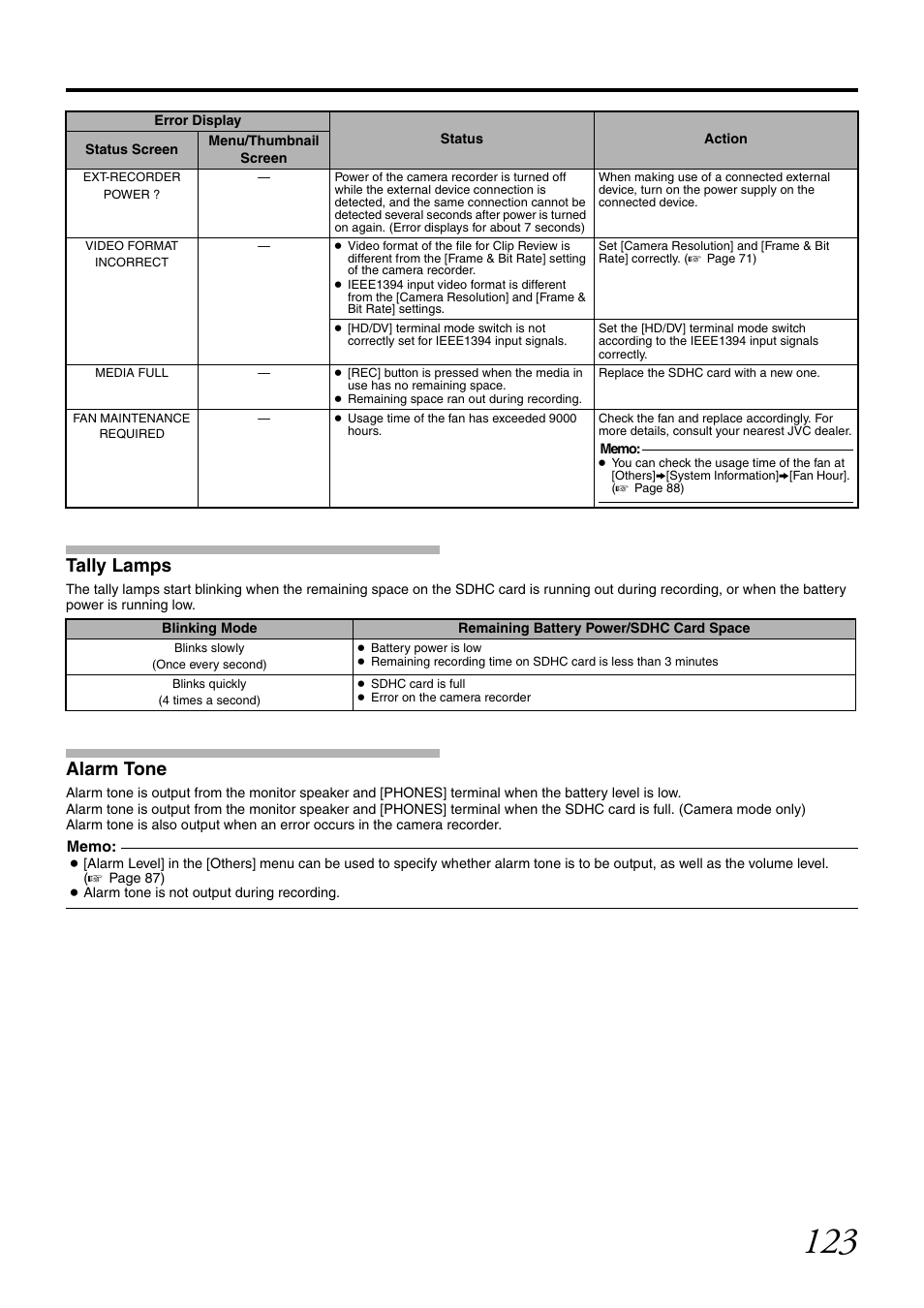 Tally lamps, Alarm tone | JVC GY-HM700CHE User Manual | Page 127 / 132