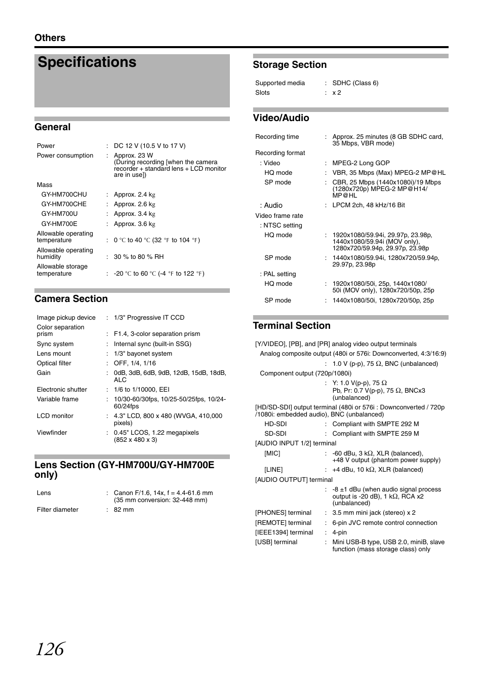 Specifications | JVC GY-HM700CHE User Manual | Page 130 / 132