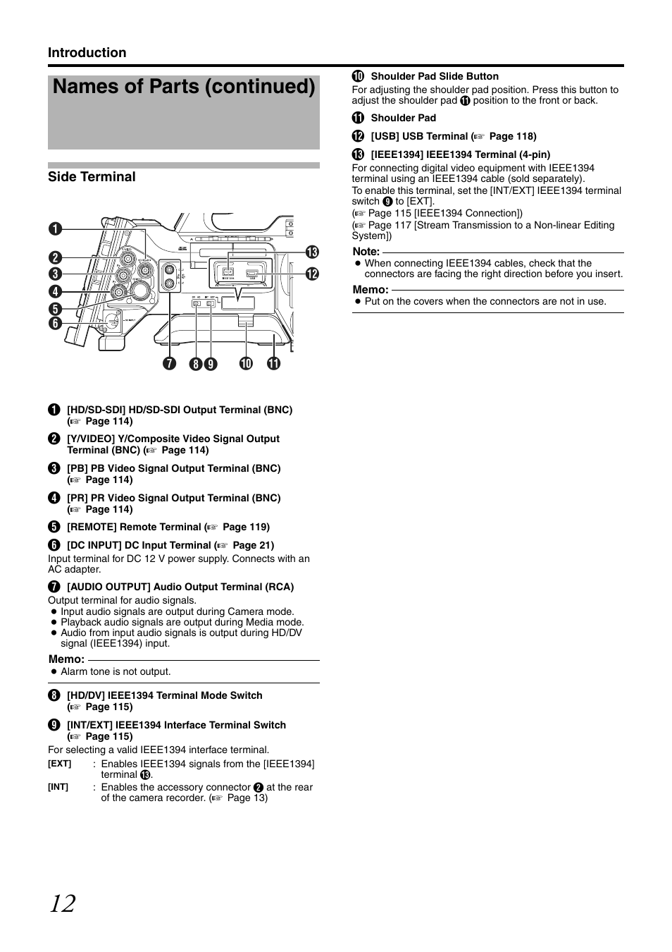 Side terminal, Names of parts (continued) | JVC GY-HM700CHE User Manual | Page 16 / 132