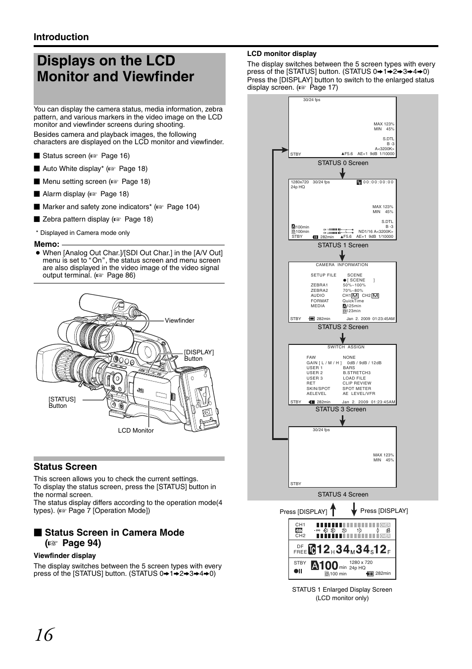 Displays on the lcd monitor and viewfinder, Status screen, Introduction | Status screen in camera mode ( a page 94) | JVC GY-HM700CHE User Manual | Page 20 / 132