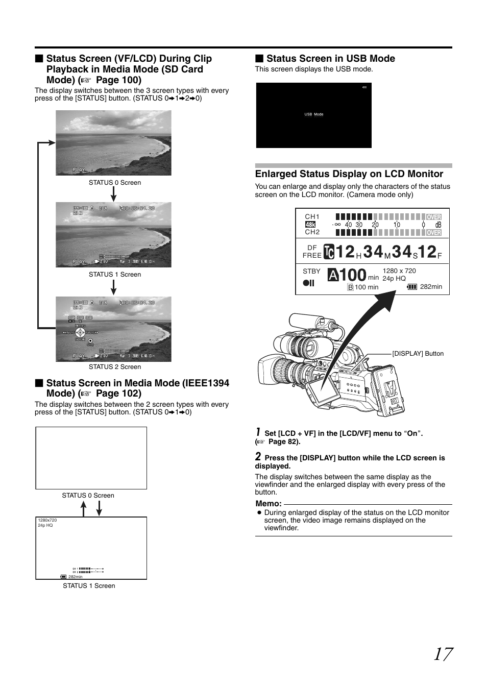 Enlarged status display on lcd monitor, Status screen in usb mode | JVC GY-HM700CHE User Manual | Page 21 / 132
