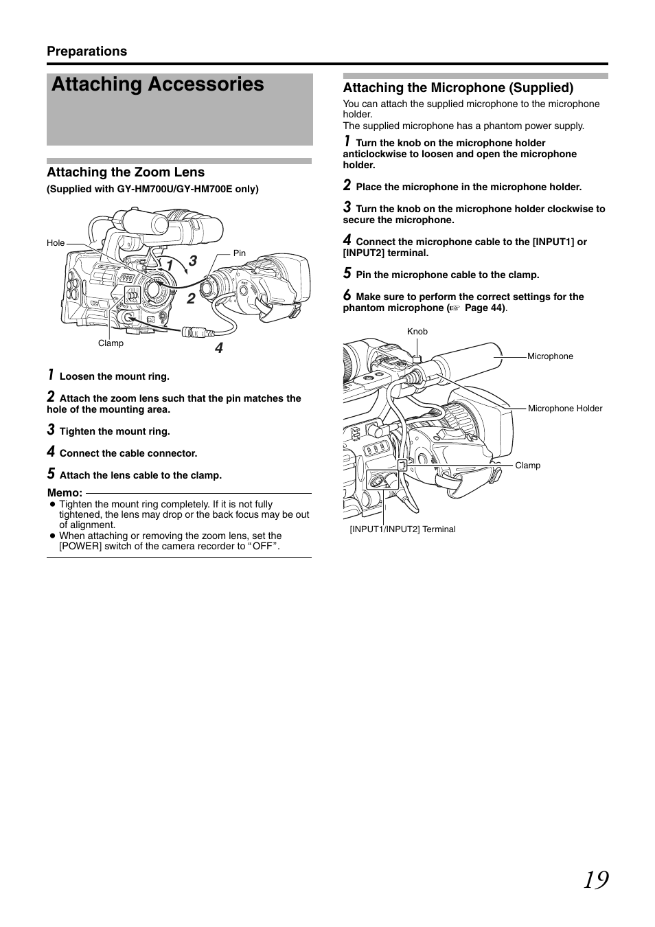 Preparations, Attaching accessories, Attaching the zoom lens | Attaching the microphone (supplied) | JVC GY-HM700CHE User Manual | Page 23 / 132