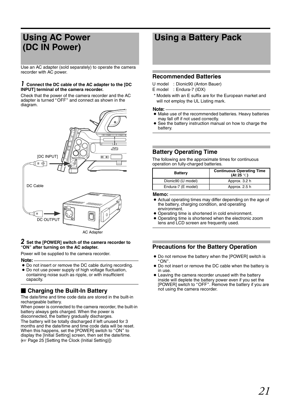 Using ac power (dc in power), Using a battery pack, Charging the built-in battery | Recommended batteries, Battery operating time, Precautions for the battery operation | JVC GY-HM700CHE User Manual | Page 25 / 132