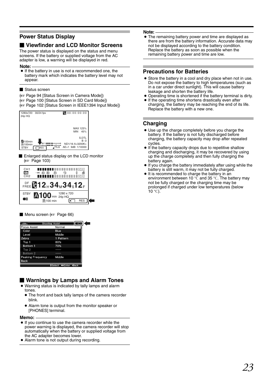 Warnings by lamps and alarm tones, Precautions for batteries, Charging | JVC GY-HM700CHE User Manual | Page 27 / 132