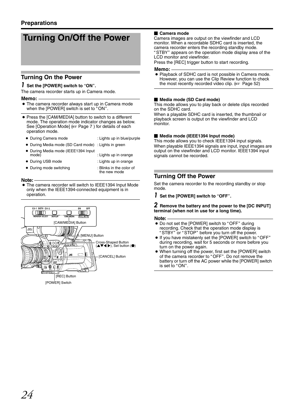 Turning on/off the power, Preparations turning on the power, Turning off the power | JVC GY-HM700CHE User Manual | Page 28 / 132