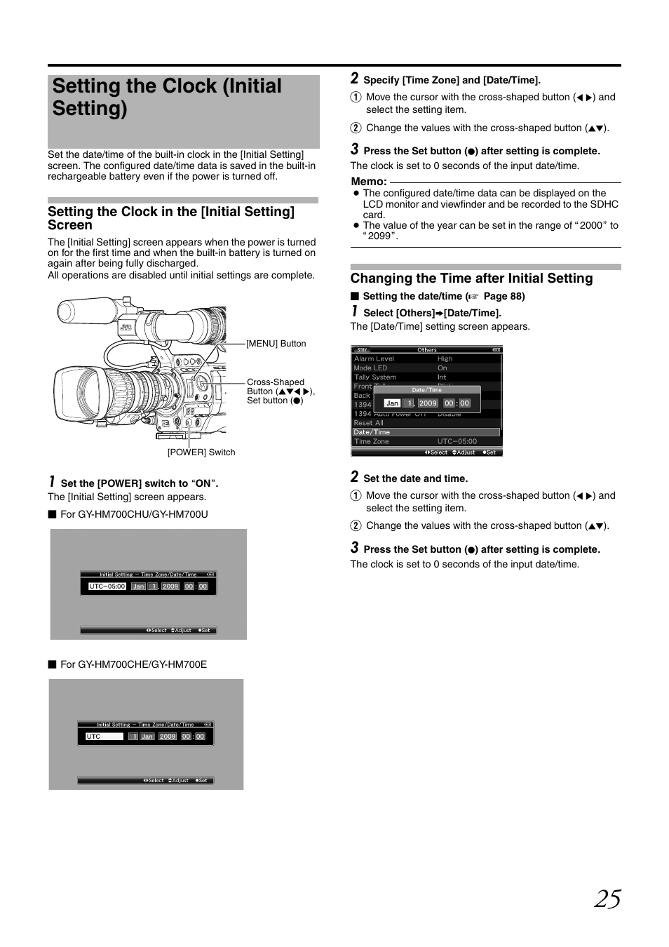 Setting the clock (initial setting), Setting the clock in the [initial setting] screen, Changing the time after initial setting | JVC GY-HM700CHE User Manual | Page 29 / 132