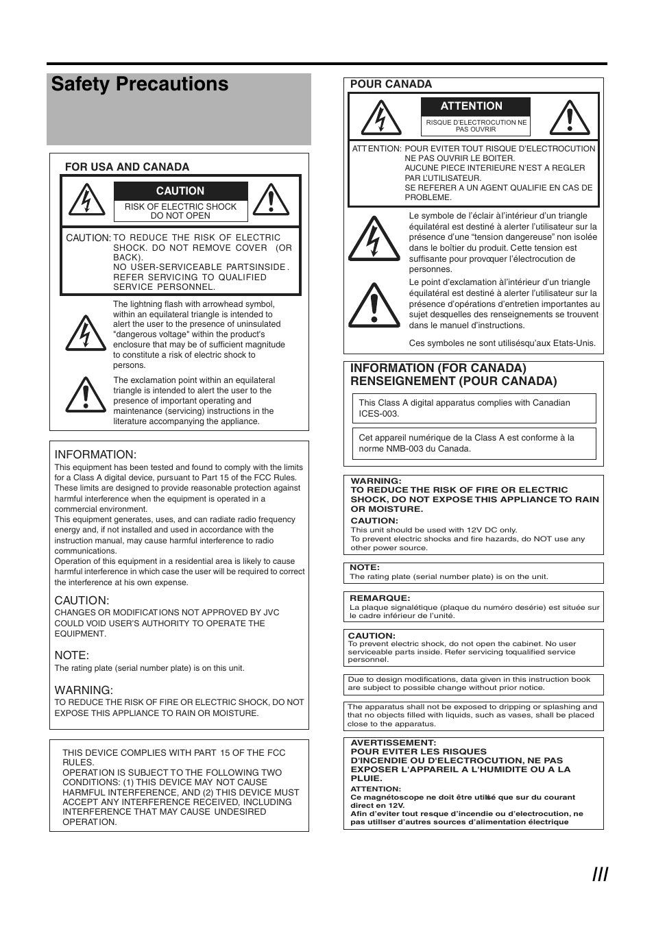 Iii safety precautions | JVC GY-HM700CHE User Manual | Page 3 / 132