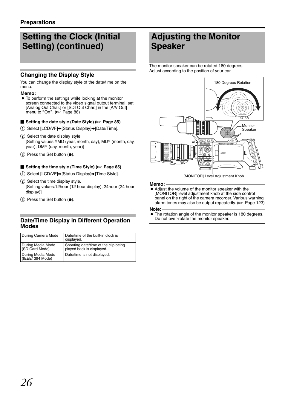 Adjusting the monitor speaker, Setting the clock (initial setting) (continued), Preparations changing the display style | Date/time display in different operation modes | JVC GY-HM700CHE User Manual | Page 30 / 132