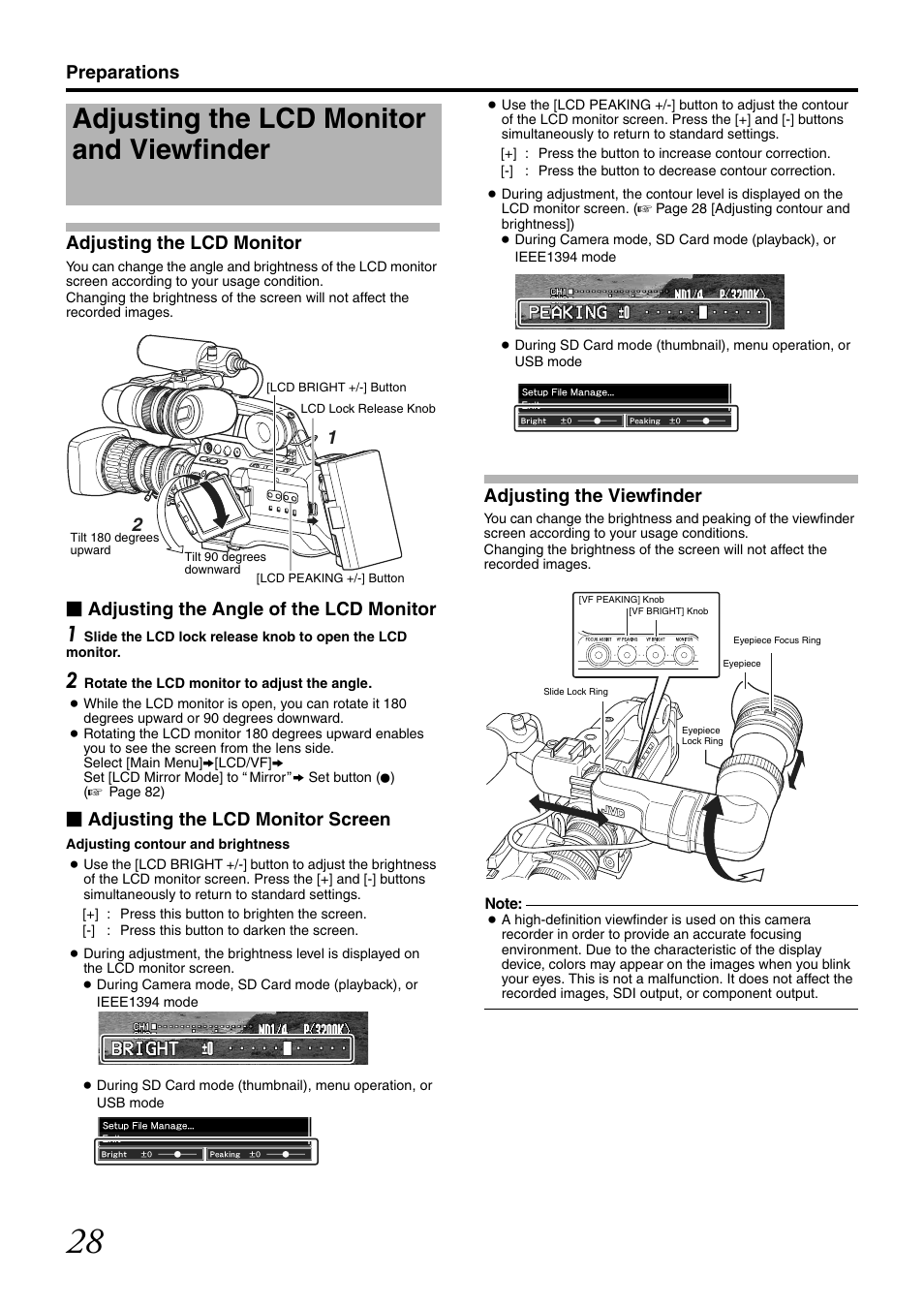 Adjusting the lcd monitor and viewfinder, Preparations adjusting the lcd monitor, Adjusting the angle of the lcd monitor | Adjusting the lcd monitor screen, Adjusting the viewfinder | JVC GY-HM700CHE User Manual | Page 32 / 132