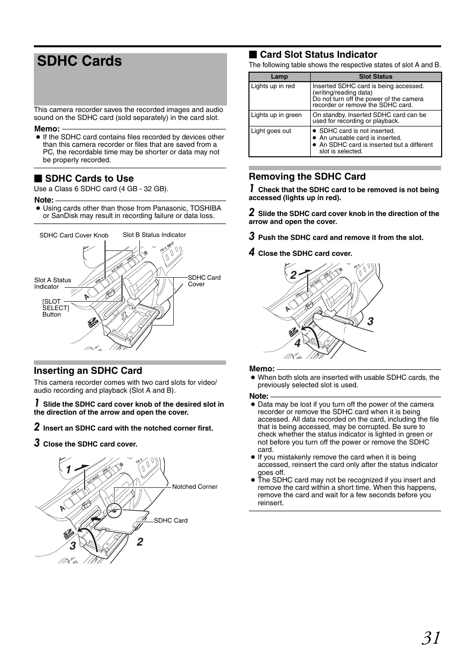 Sdhc cards | JVC GY-HM700CHE User Manual | Page 35 / 132