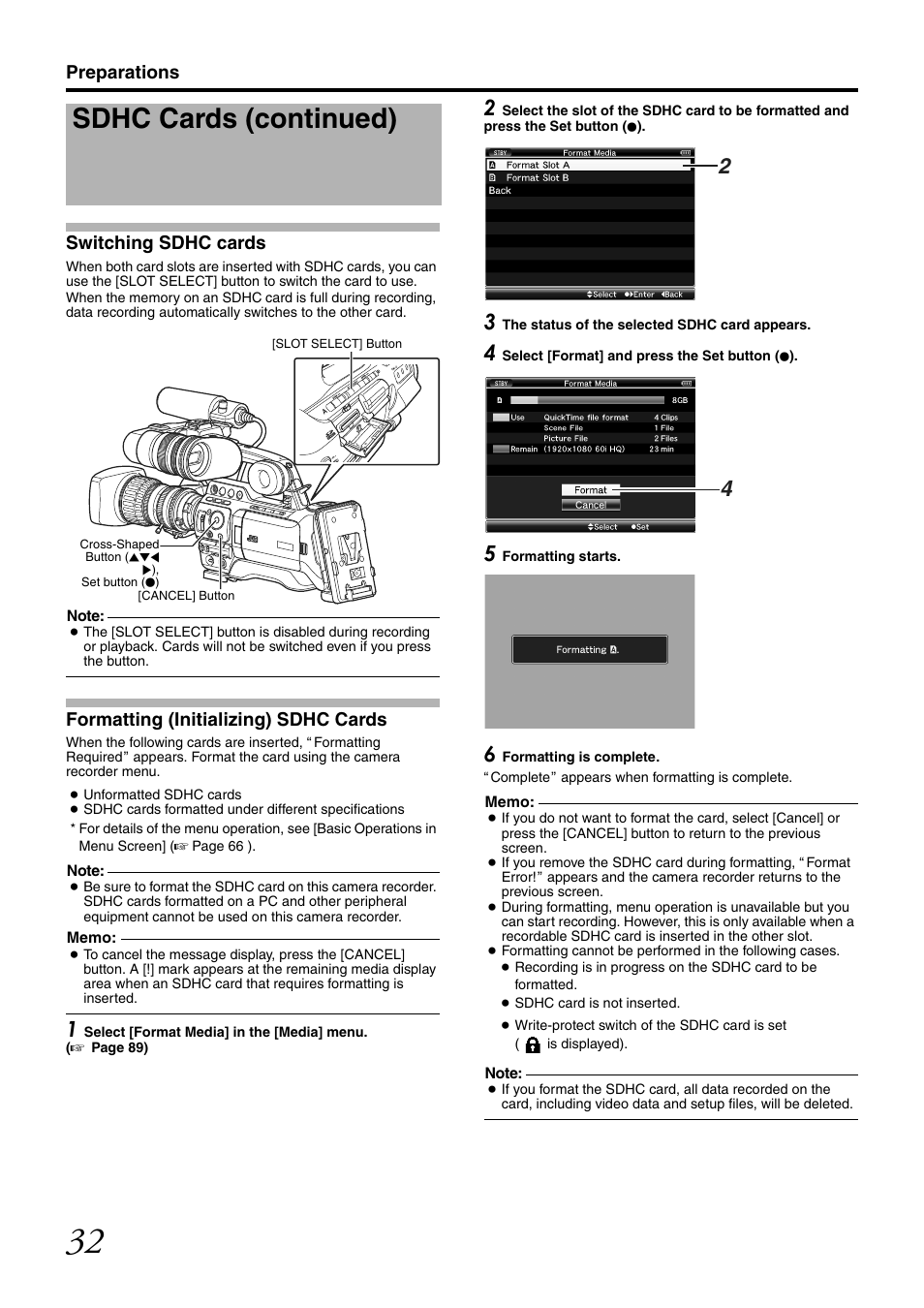 Formatting (initializing) sdhc cards, Sdhc cards (continued), Preparations switching sdhc cards | JVC GY-HM700CHE User Manual | Page 36 / 132