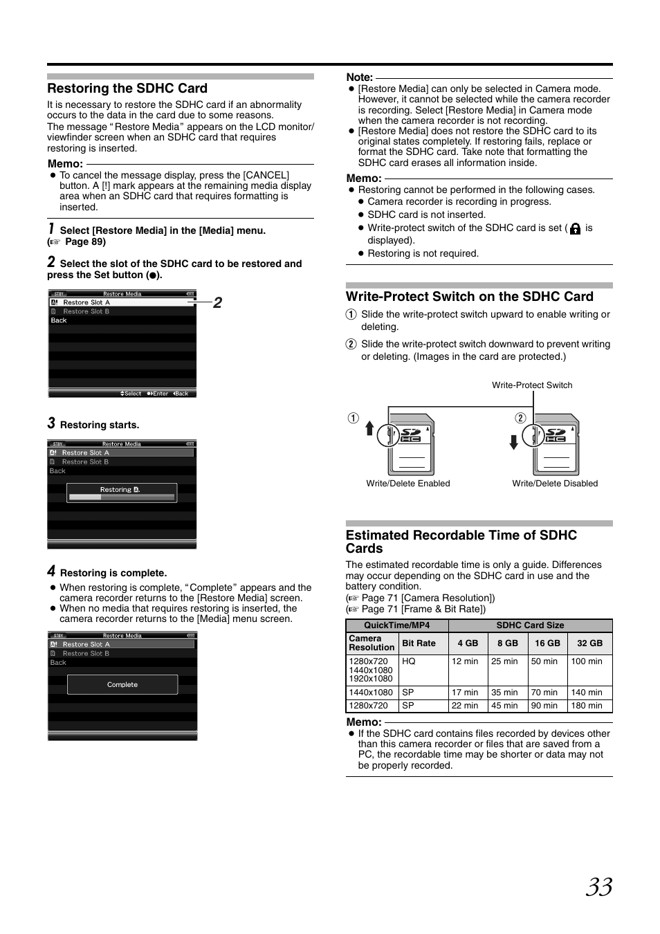 Restoring the sdhc card, Estimated recordable time of sdhc cards, Write-protect switch on the sdhc card | JVC GY-HM700CHE User Manual | Page 37 / 132