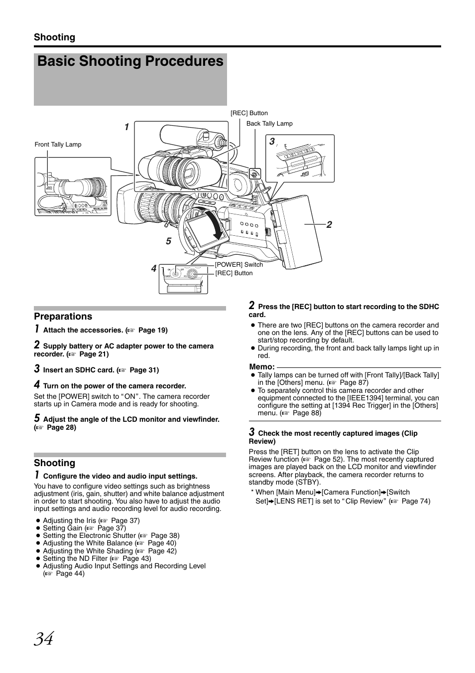 Shooting, Basic shooting procedures | JVC GY-HM700CHE User Manual | Page 38 / 132