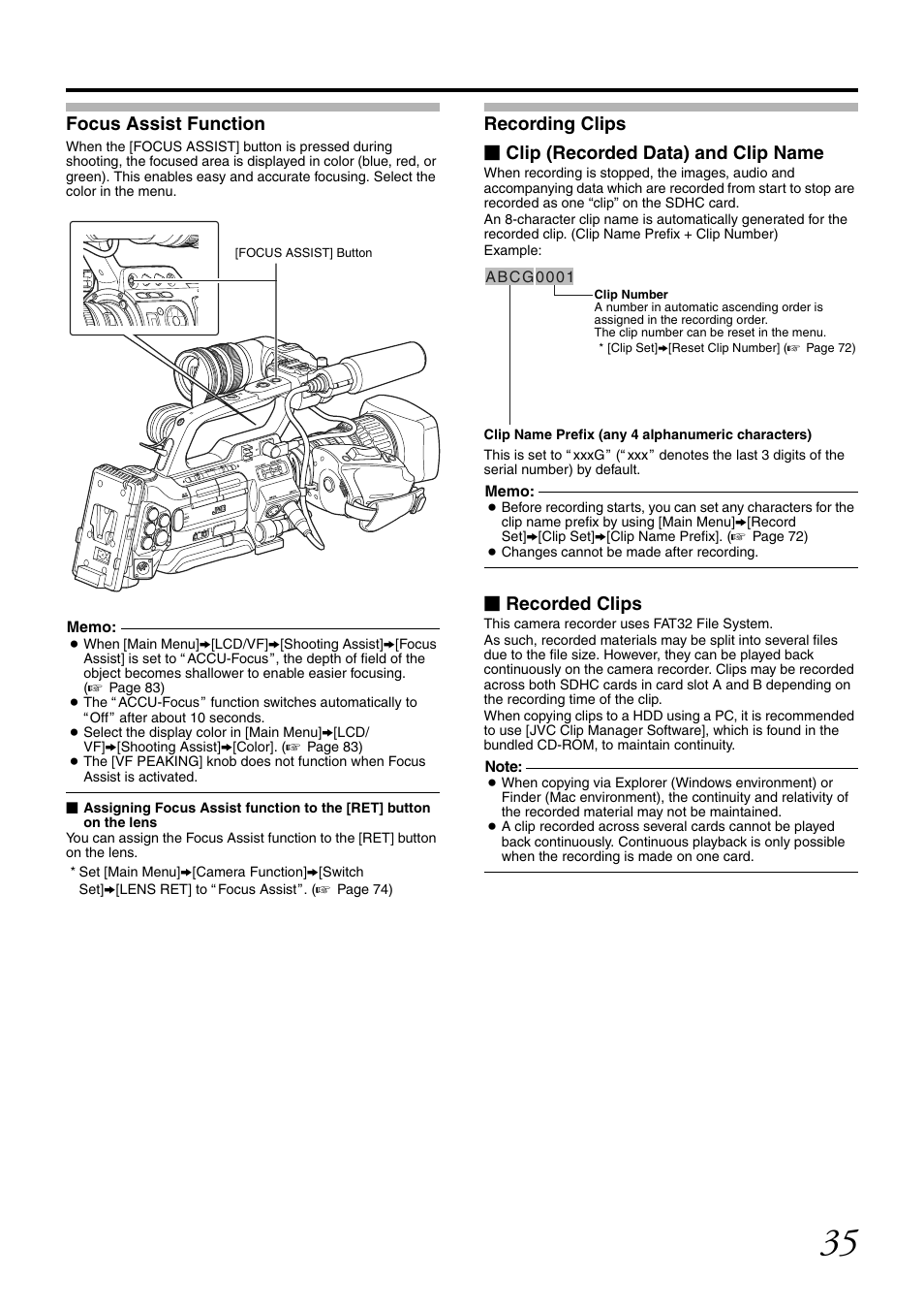 Focus assist function, Recording clips, Recorded clips | JVC GY-HM700CHE User Manual | Page 39 / 132