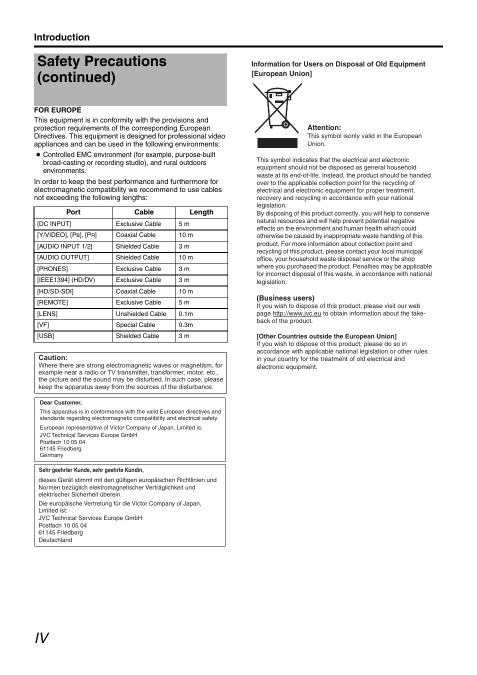 Safety precautions (continued), Introduction | JVC GY-HM700CHE User Manual | Page 4 / 132