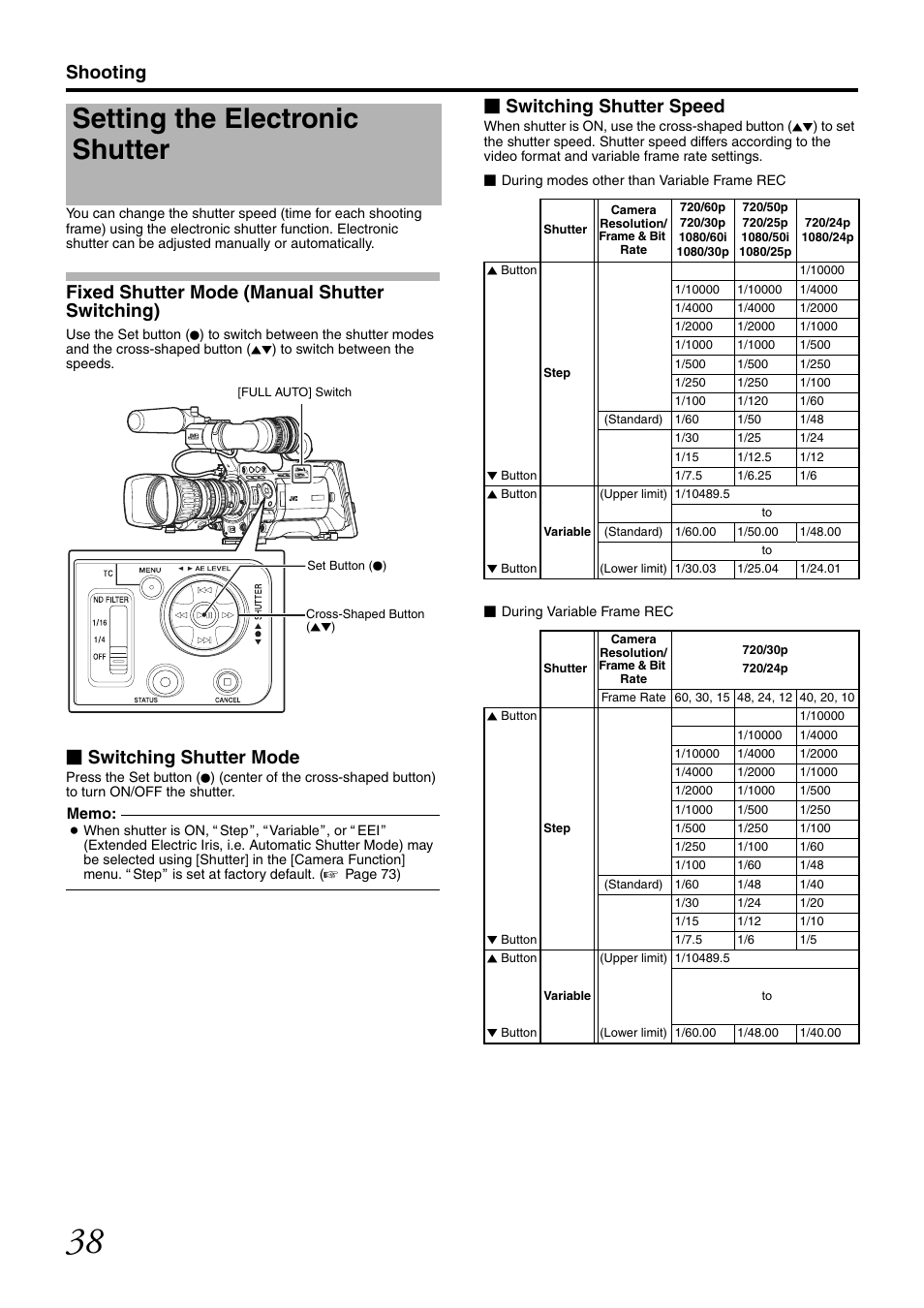 Setting the electronic shutter, Shooting, Fixed shutter mode (manual shutter switching) | Switching shutter mode, Switching shutter speed | JVC GY-HM700CHE User Manual | Page 42 / 132