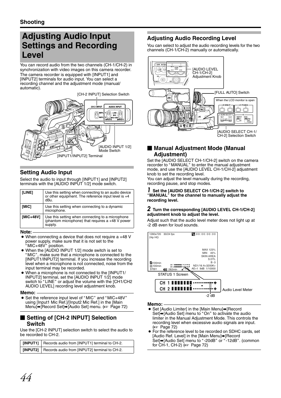 Adjusting audio input settings and recording level, Setting audio input, Adjusting audio recording level | Shooting, Setting of [ch-2 input] selection switch, Manual adjustment mode (manual adjustment) | JVC GY-HM700CHE User Manual | Page 48 / 132