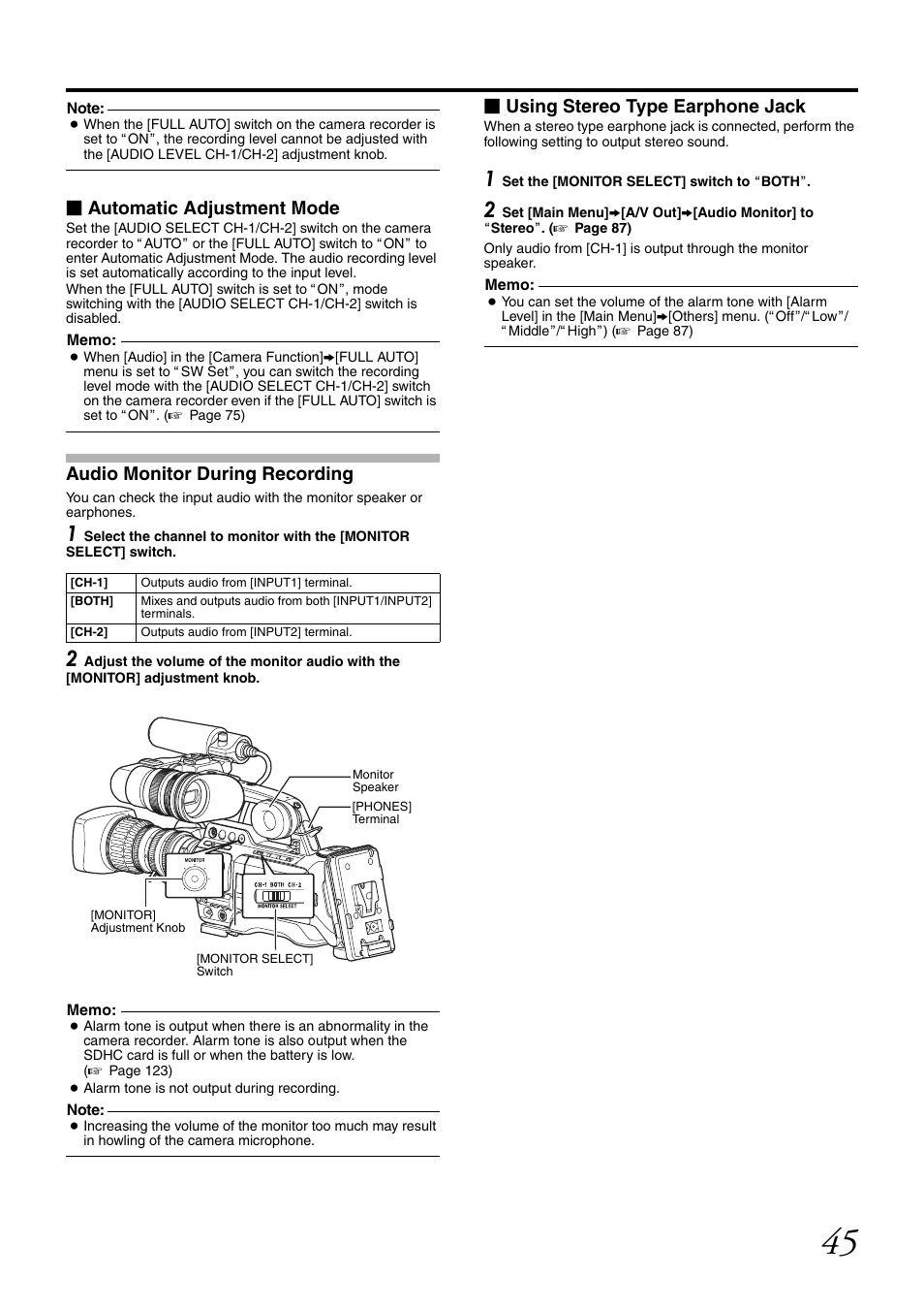Audio monitor during recording, Automatic adjustment mode, Using stereo type earphone jack | JVC GY-HM700CHE User Manual | Page 49 / 132