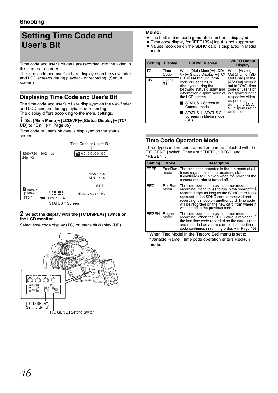 Setting time code and user’s bit, Displaying time code and user’s bit, Time code operation mode | Shooting | JVC GY-HM700CHE User Manual | Page 50 / 132