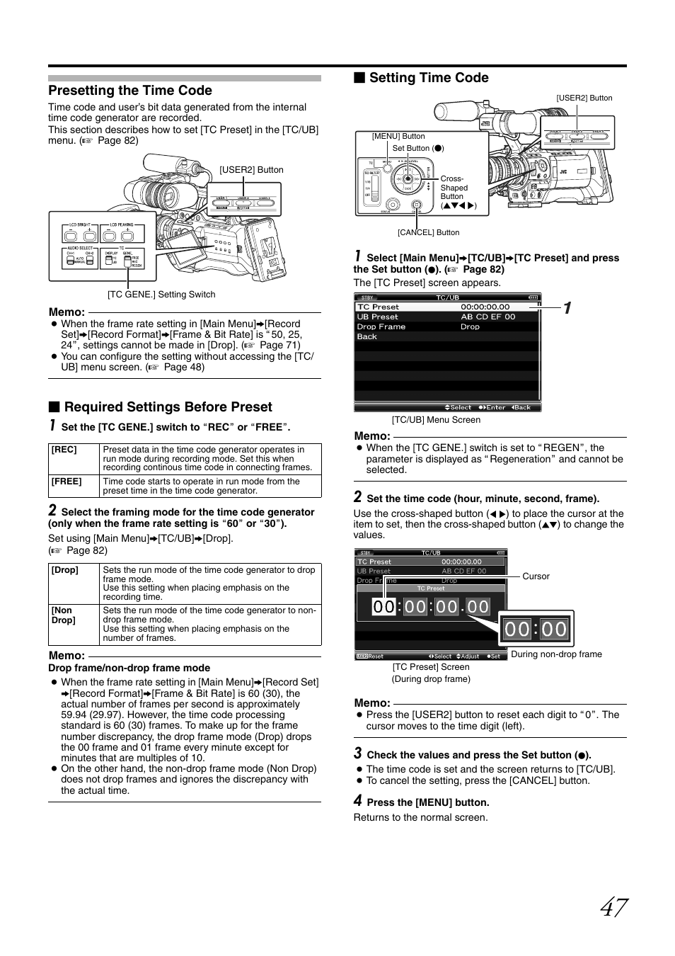 Presetting the time code, Required settings before preset, Setting time code | JVC GY-HM700CHE User Manual | Page 51 / 132