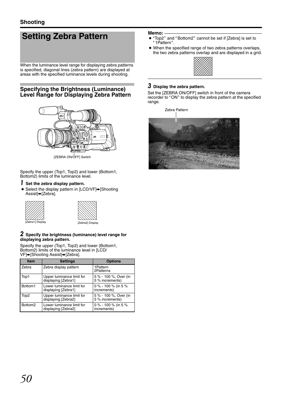 Setting zebra pattern, Shooting | JVC GY-HM700CHE User Manual | Page 54 / 132