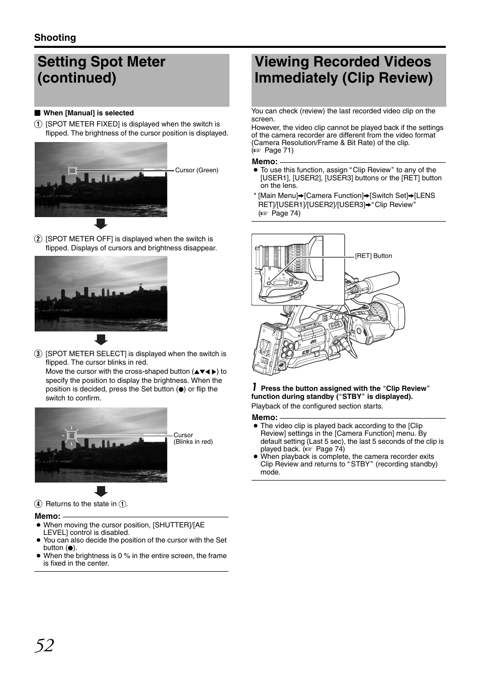 Viewing recorded videos immediately (clip review), Setting spot meter (continued), Shooting | JVC GY-HM700CHE User Manual | Page 56 / 132