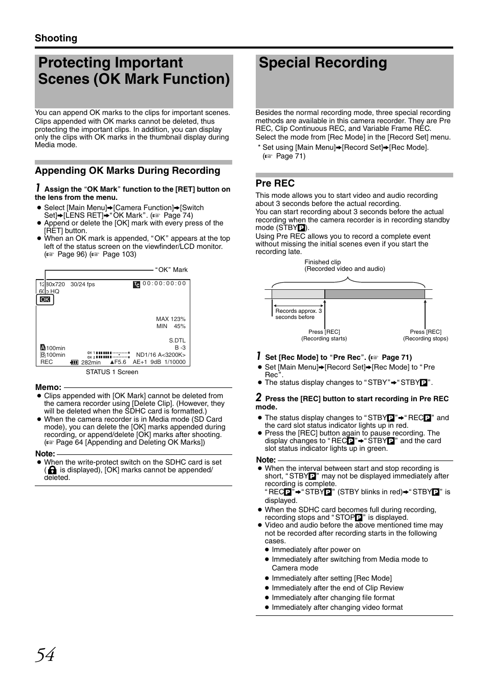 Protecting important scenes (ok mark function), Special recording, Pre rec | Shooting, Appending ok marks during recording | JVC GY-HM700CHE User Manual | Page 58 / 132