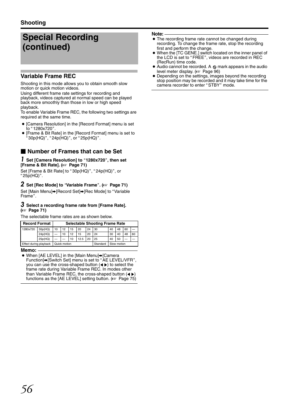 Variable frame rec, Special recording (continued), Shooting variable frame rec | Number of frames that can be set | JVC GY-HM700CHE User Manual | Page 60 / 132