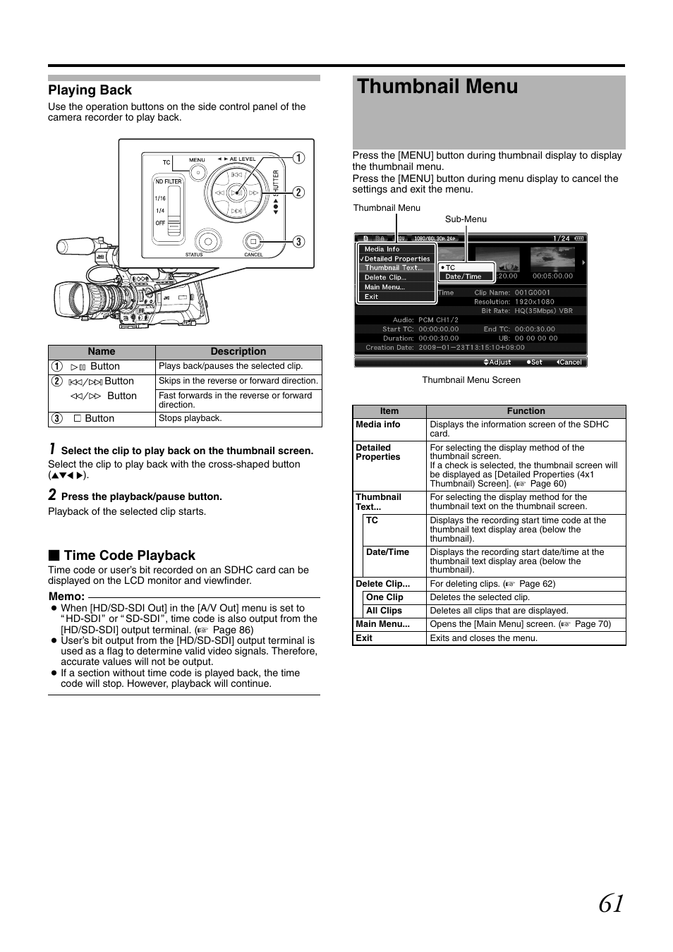 Playing back, Thumbnail menu, Time code playback | JVC GY-HM700CHE User Manual | Page 65 / 132