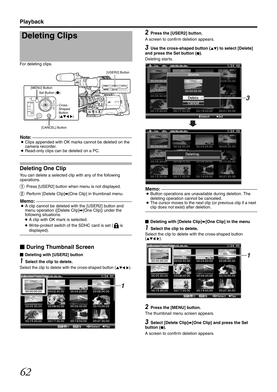 Deleting clips, Playback, Deleting one clip | During thumbnail screen | JVC GY-HM700CHE User Manual | Page 66 / 132