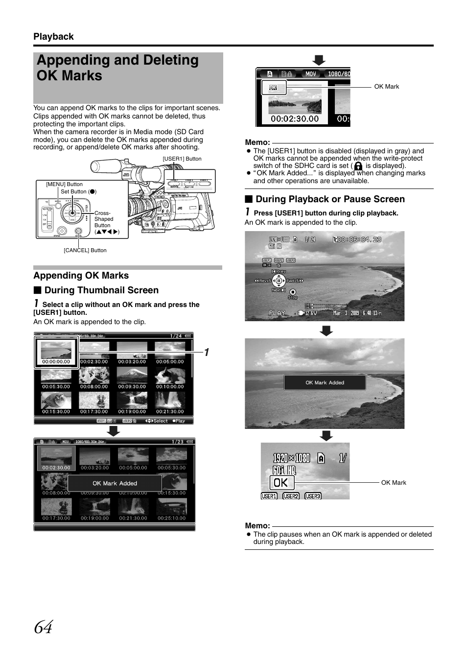 Appending and deleting ok marks, Playback, Appending ok marks Ⅵ during thumbnail screen | During playback or pause screen | JVC GY-HM700CHE User Manual | Page 68 / 132