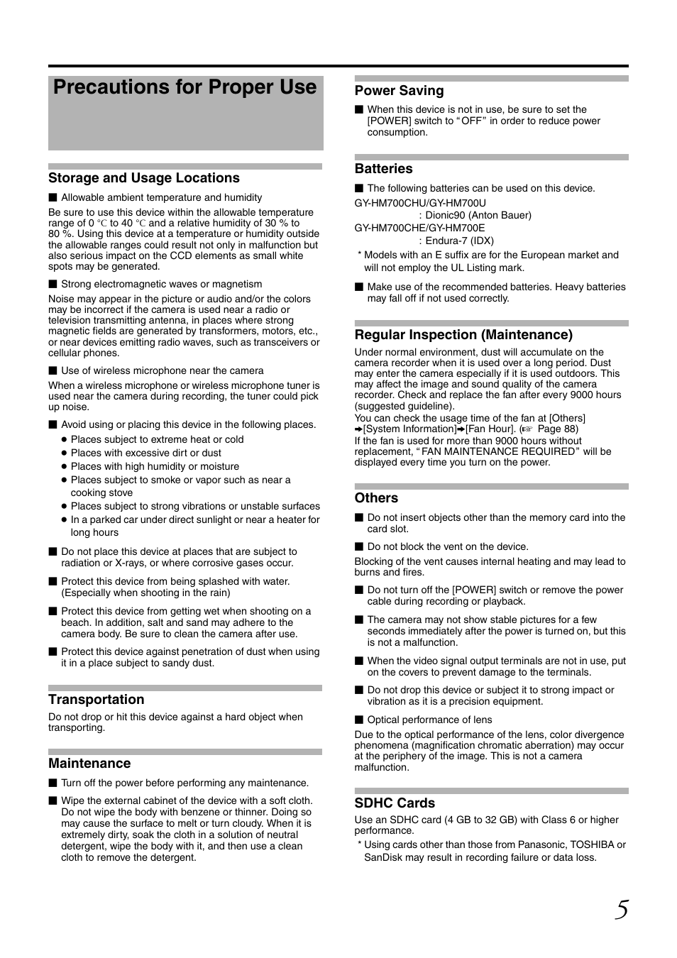 Precautions for proper use, Storage and usage locations, Transportation | Maintenance, Power saving, Batteries, Regular inspection (maintenance), Others, Sdhc cards | JVC GY-HM700CHE User Manual | Page 9 / 132