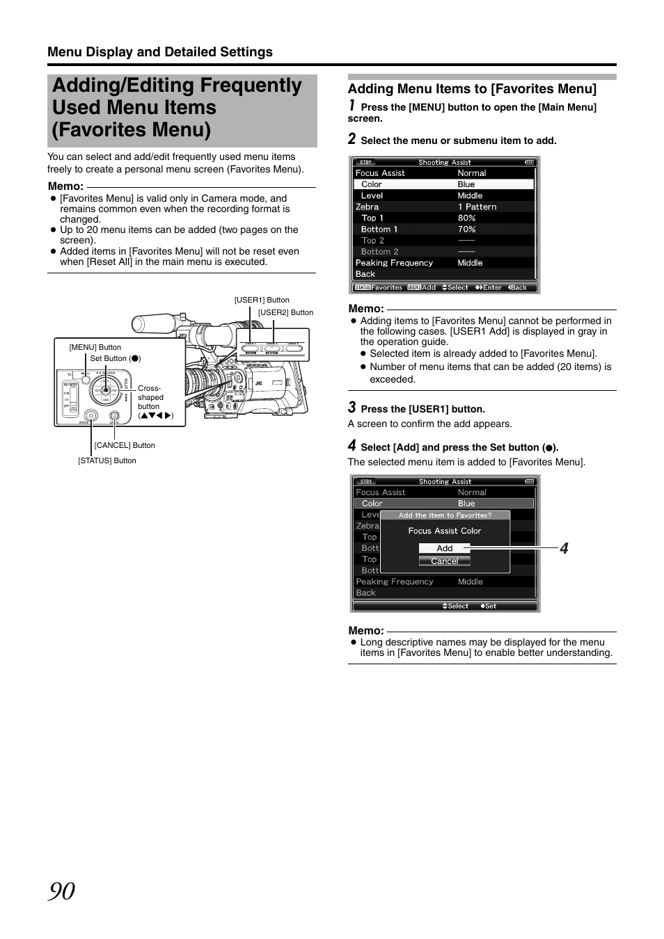 Adding menu items to [favorites menu, Adding/editing frequently used menu items, Favorites menu) | Menu display and detailed settings | JVC GY-HM700CHE User Manual | Page 94 / 132