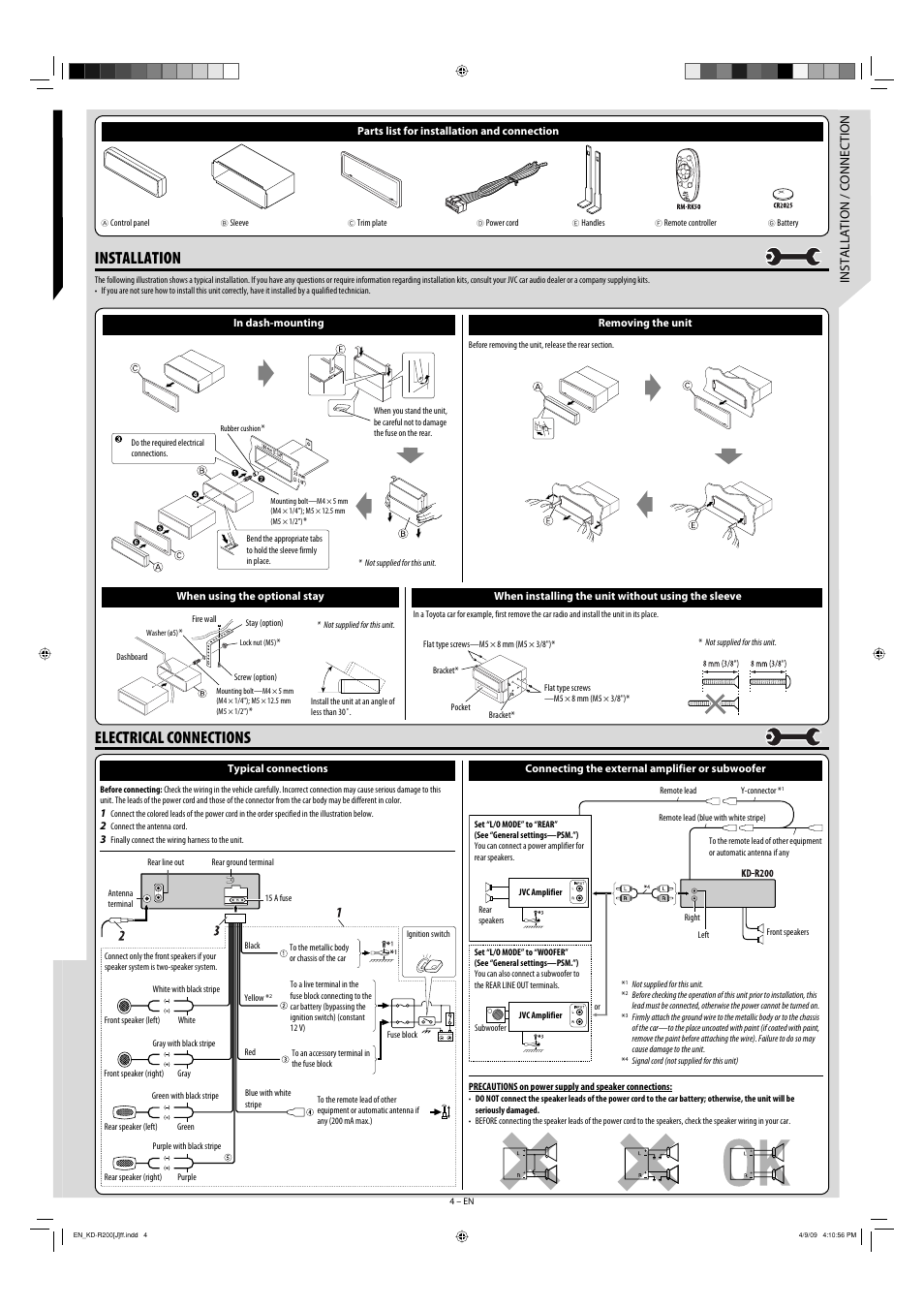 Electrical connections, Installation, Installation / connection | JVC GET0582-001B User Manual | Page 4 / 4
