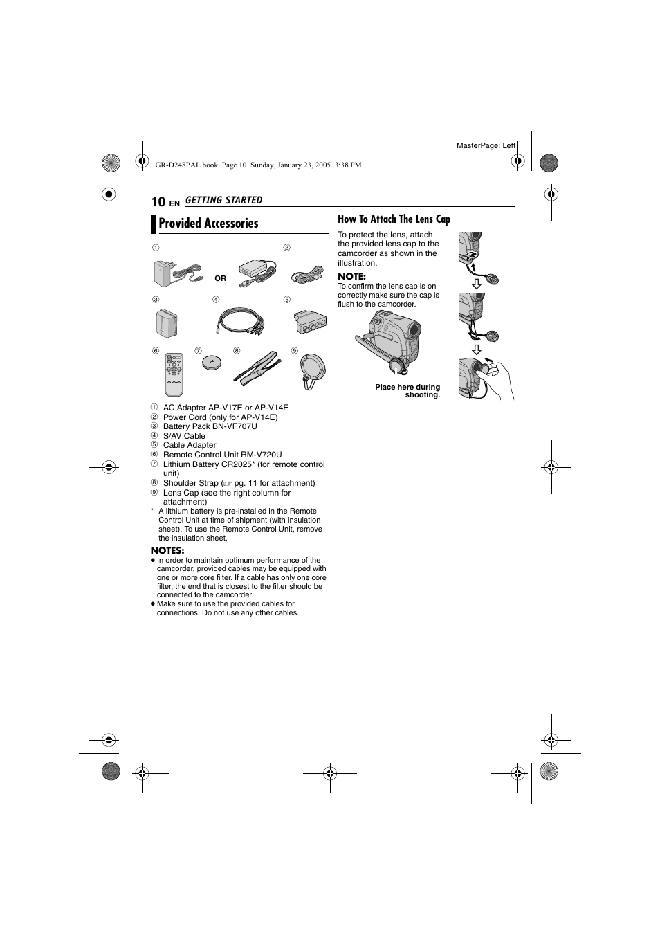 Provided accessories, How to attach the lens cap | JVC GR-D248 User Manual | Page 10 / 52
