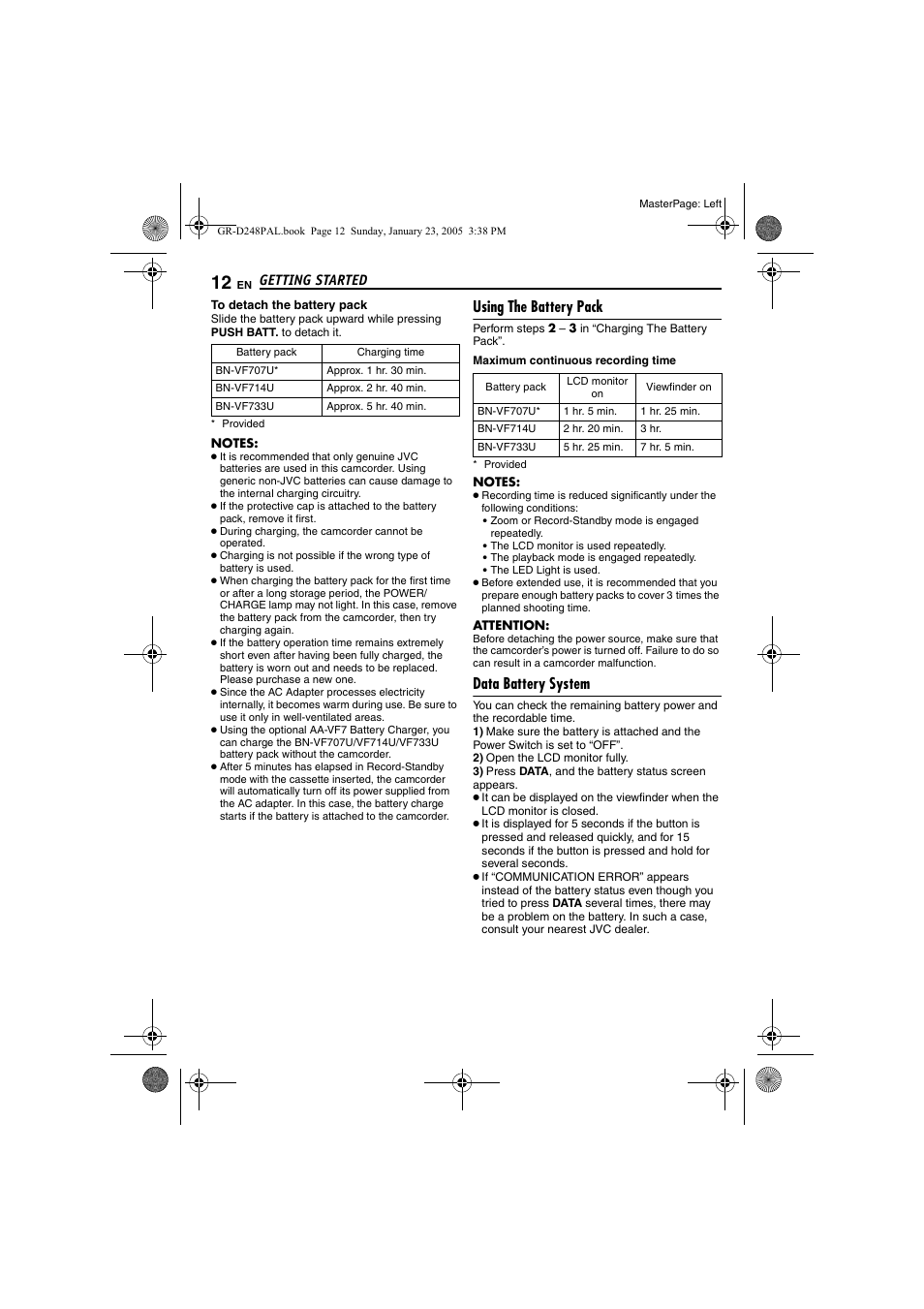 Using the battery pack, Data battery system, Utton | Pg. 12), Getting started | JVC GR-D248 User Manual | Page 12 / 52