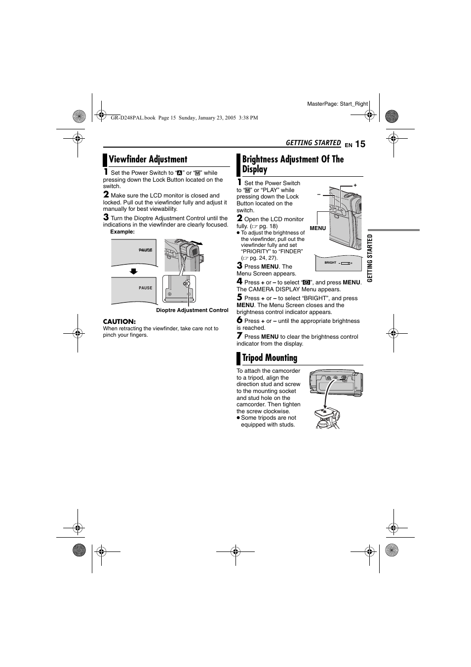 Viewfinder adjustment, Brightness adjustment of the display, Tripod mounting | 15 brightness adjustment of the display, 15 tripod mounting, Pg. 15) | JVC GR-D248 User Manual | Page 15 / 52