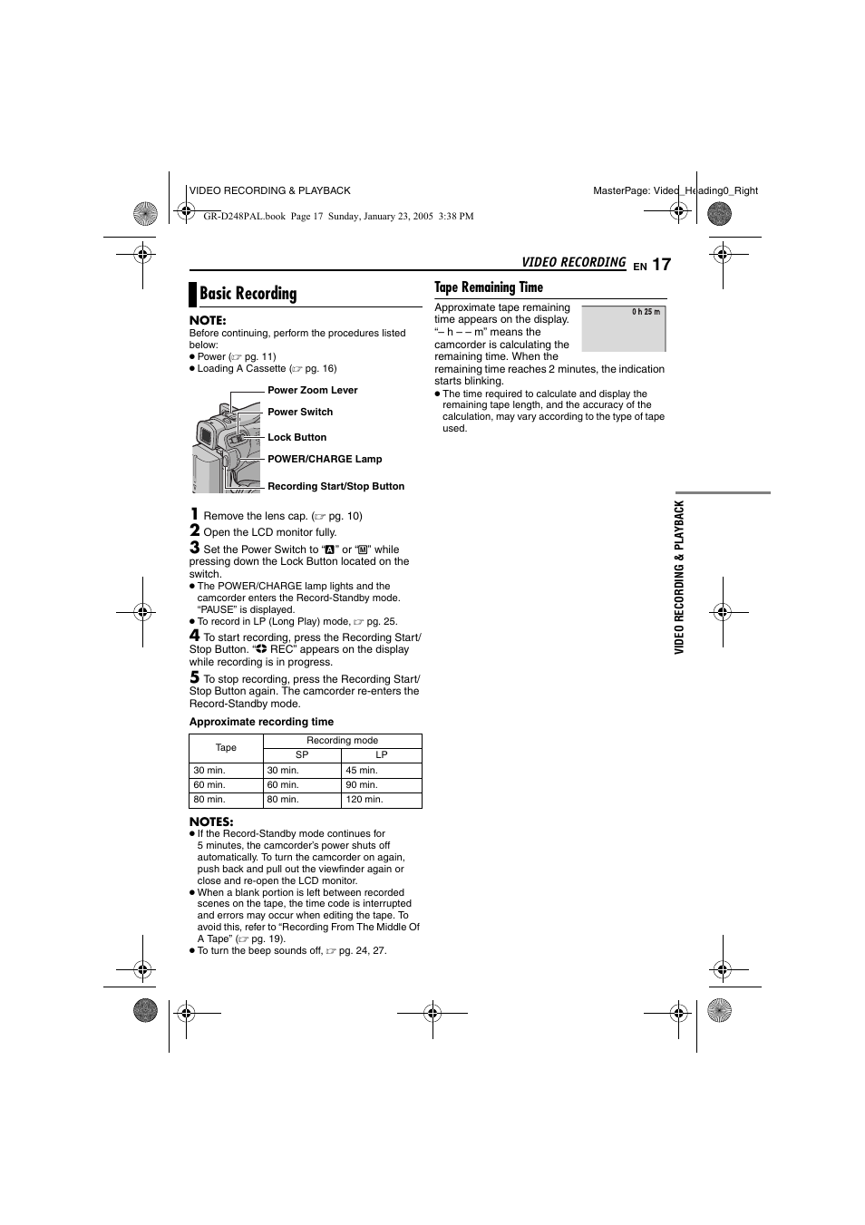 Video recording, Basic recording, Tape remaining time | Video recording & playback, Pg. 17) | JVC GR-D248 User Manual | Page 17 / 52