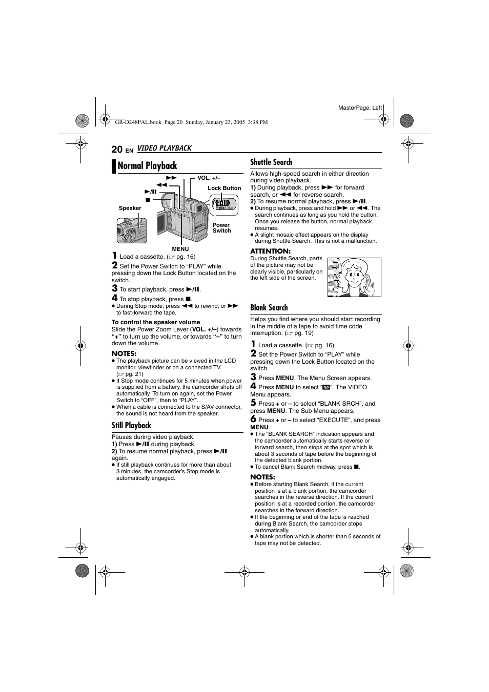 Video playback, Normal playback, Still playback | Shuttle search, Blank search, 20 shuttle search, 20 blank search, Pg. 20) | JVC GR-D248 User Manual | Page 20 / 52