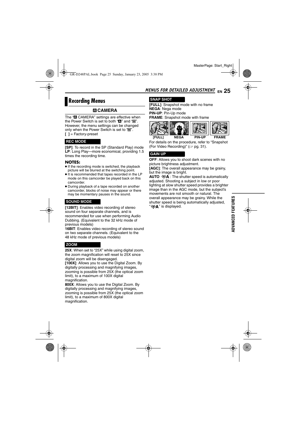 Recording menus, Pg. 25), Pg. 25) (a | Pg. 25, Mera | JVC GR-D248 User Manual | Page 25 / 52