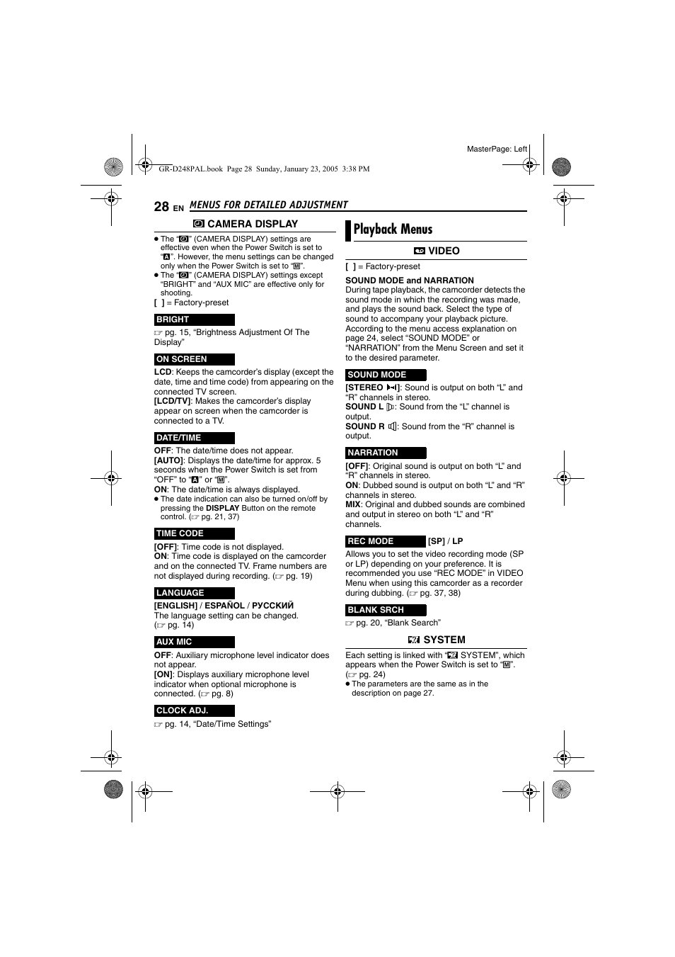 Playback menus, Pg. 28), Pg. 28, “aux mic” ) | Pg. 28, 2, R (੬ pg. 28), Time, Pg. 28, Pg. 28, 29, Video | JVC GR-D248 User Manual | Page 28 / 52