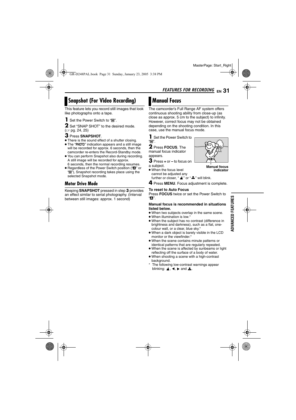 Snapshot (for video recording), Motor drive mode, Manual focus | 31 manual focus, Focus, Pg. 31), Snapshot (for video recording) manual focus | JVC GR-D248 User Manual | Page 31 / 52