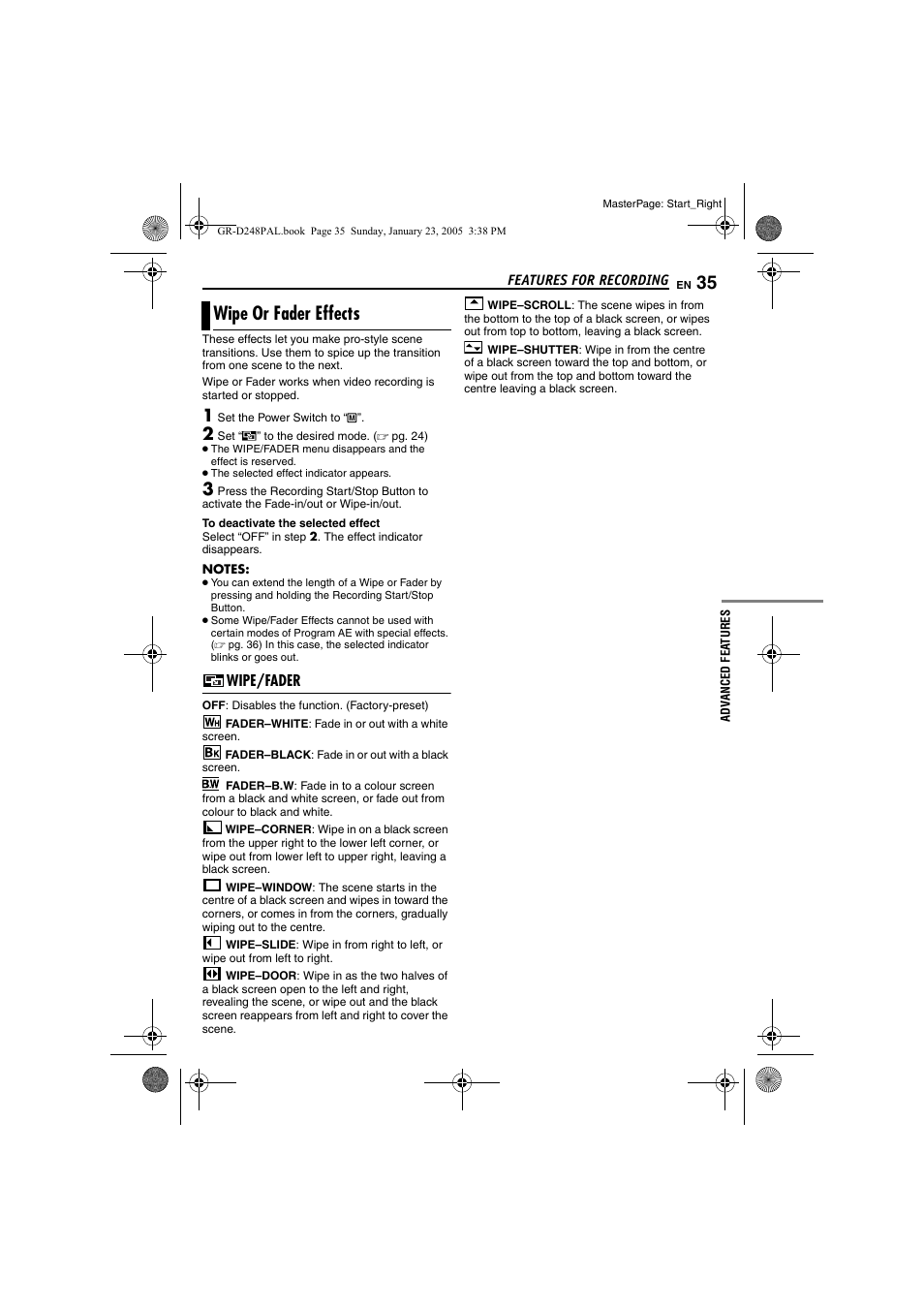 Wipe or fader effects, Wipe/fader, Pg. 35) | JVC GR-D248 User Manual | Page 35 / 52