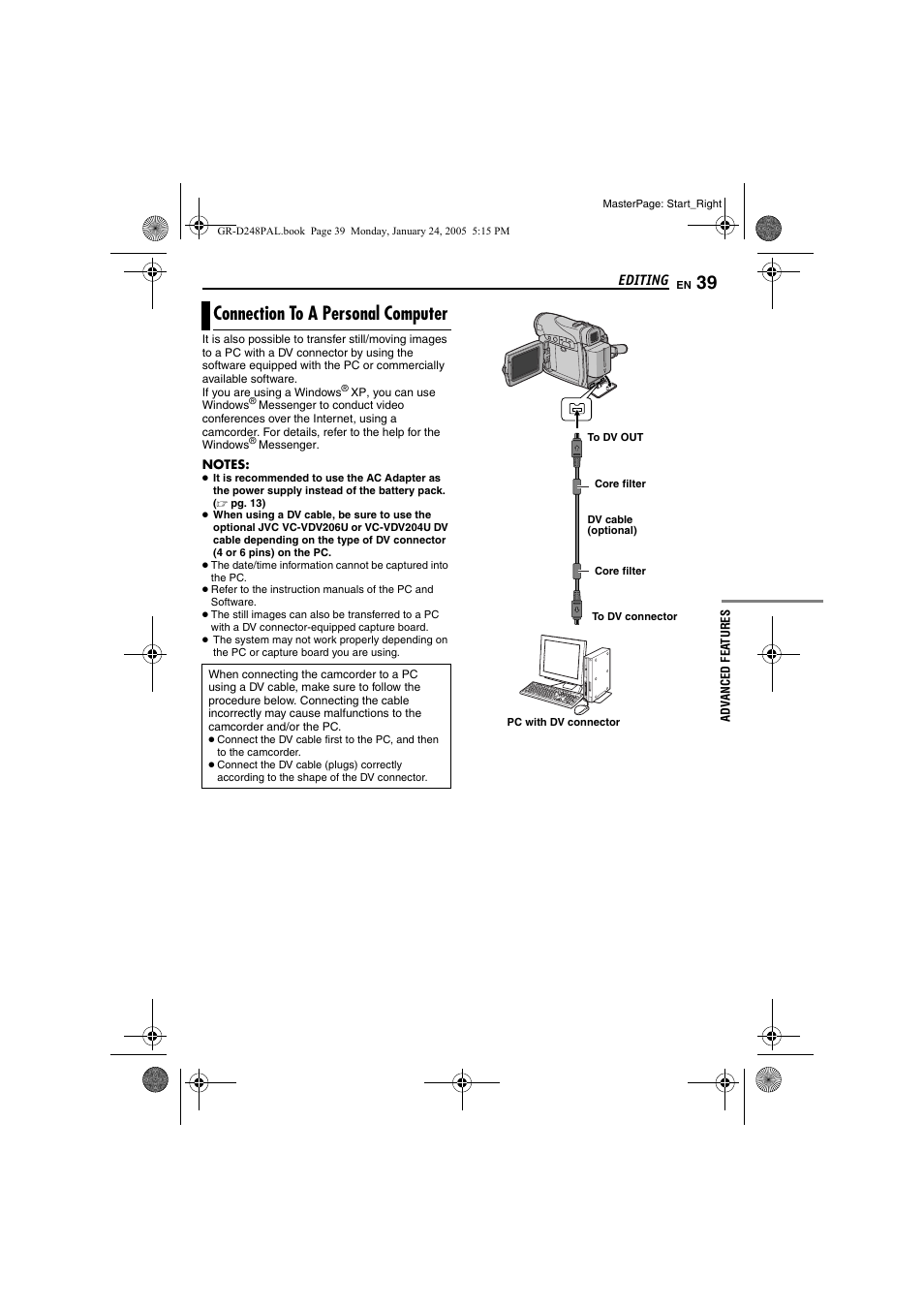 Connection to a personal computer | JVC GR-D248 User Manual | Page 39 / 52