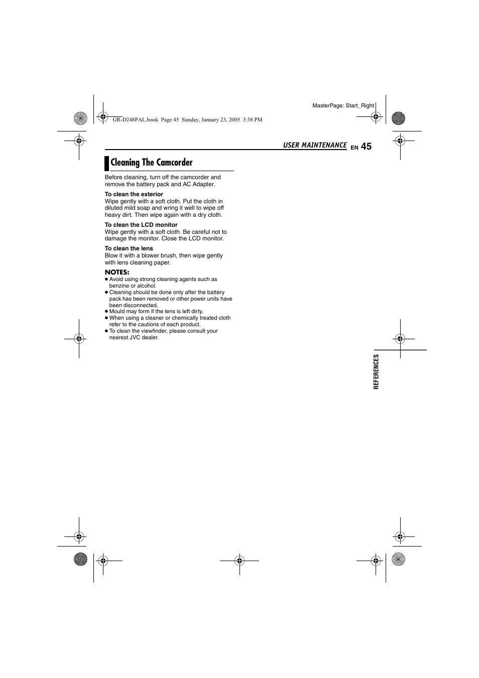 User maintenance, Cleaning the camcorder, Pg. 45) | JVC GR-D248 User Manual | Page 45 / 52