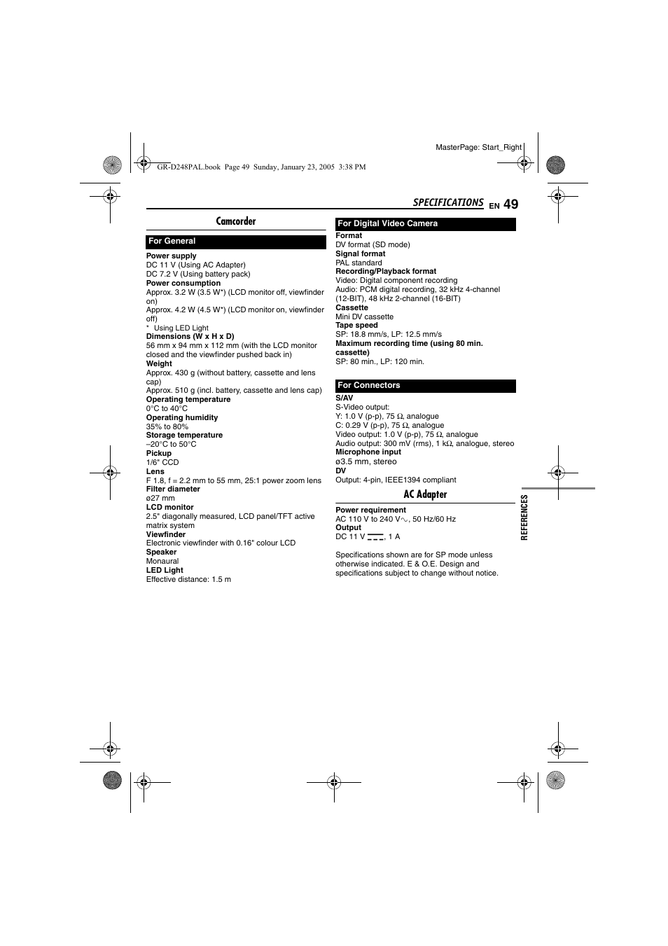 Specifications, Camcorder, Ac adapter | JVC GR-D248 User Manual | Page 49 / 52