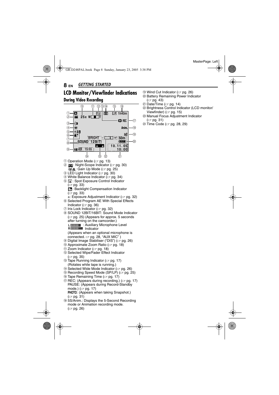 Lcd monitor/viewfinder indications, During video recording | JVC GR-D248 User Manual | Page 8 / 52