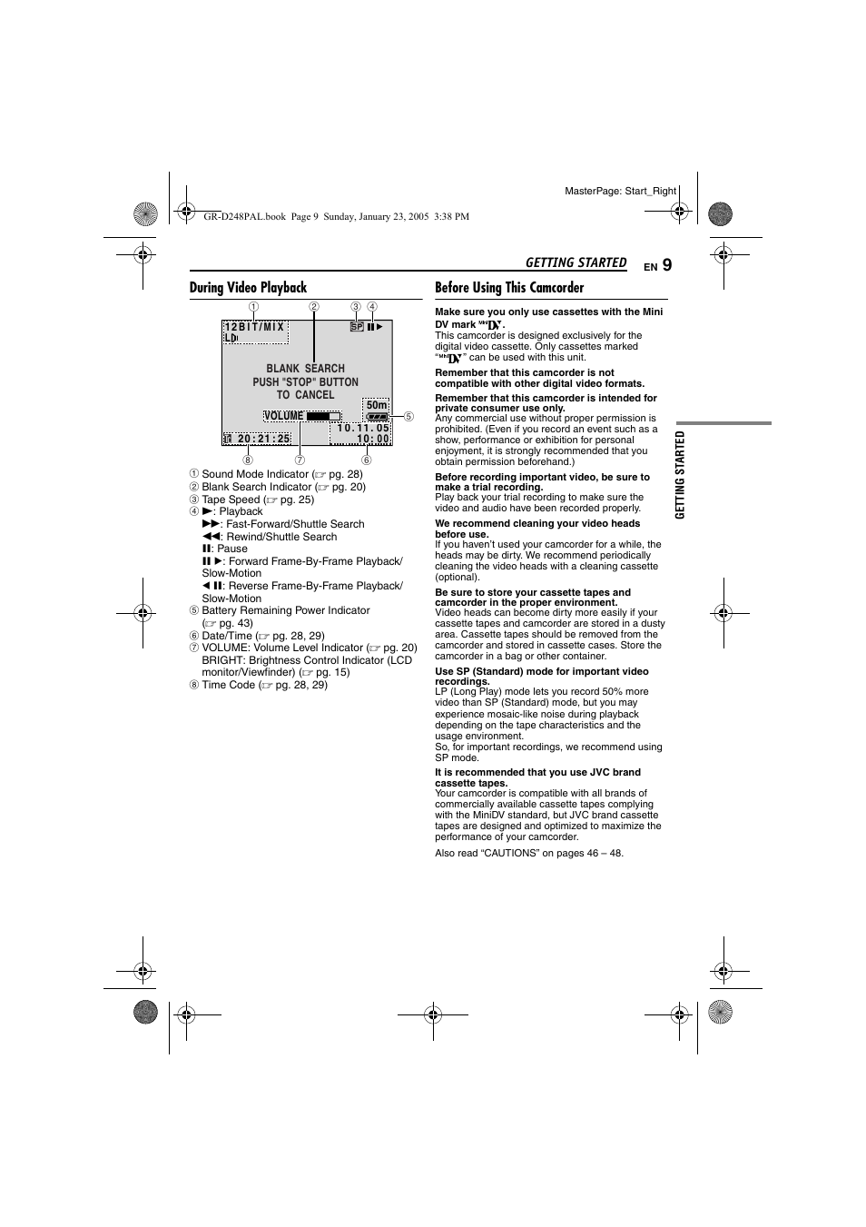 During video playback, Before using this camcorder, 9 to | JVC GR-D248 User Manual | Page 9 / 52